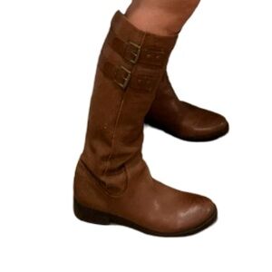 Nine West Brown Leather Tall Boots With Brass Buckle Details Fisherman Core